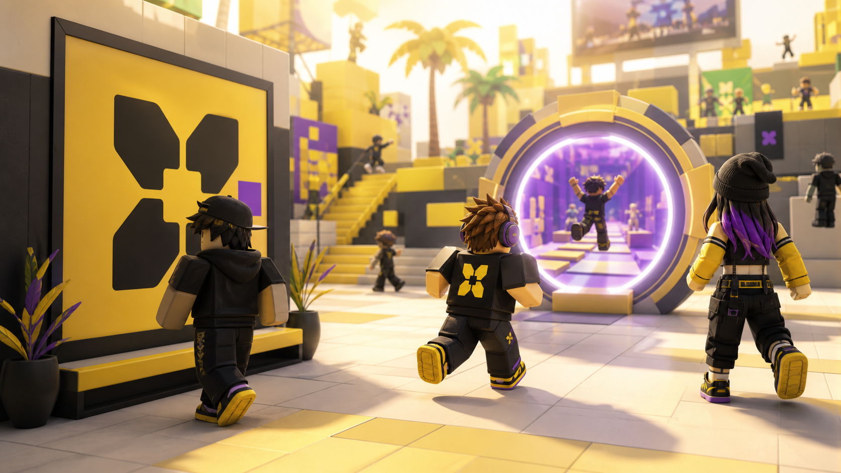 Premium UGC world where an interactive challenge portal attracts more attention than a wall logo