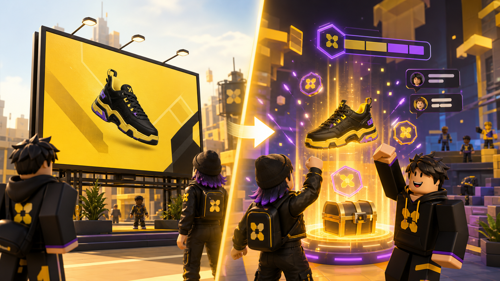 A flat ad transforming into an interactive playable moment in a game world